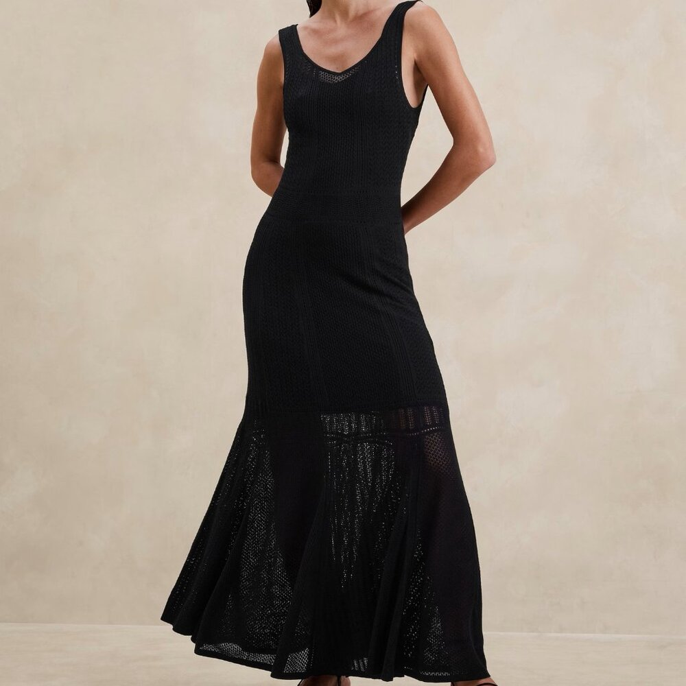 NWT Banana Republic Black Open-Stitch Lace Crocheted Long Maxi Coverup Dress L